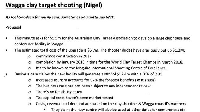 Nigel Blunden's 2016 memo to Mike Baird said the Wagga Wagga MP had 'fired up' over the funding.