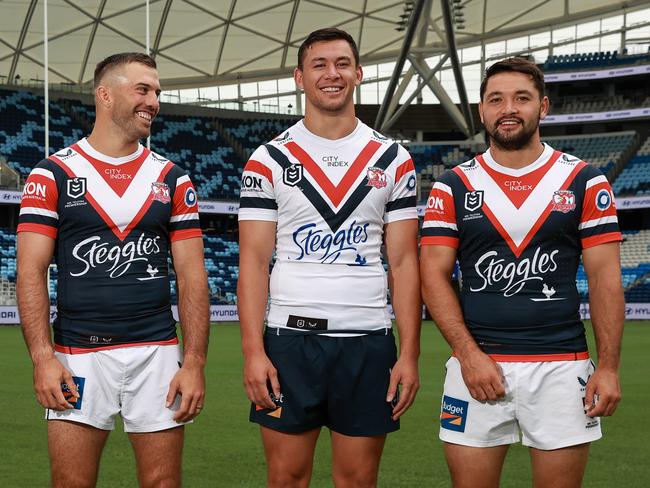 Daily Telegraph. 22, February, Roosters players Sam Walker, James Tedesco, Joseph Manu and Brandon Smith, at Allianz Stadium, for the announcement of their new sponsor Hyundai, today.Picture: Justin Lloyd.