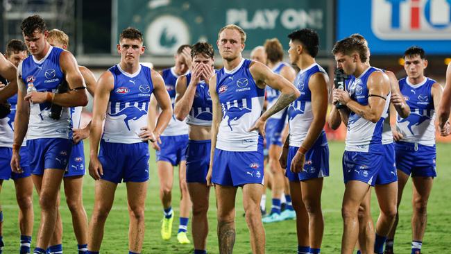 DARWIN, AUSTRALIA - MAY 11: Jaidyn Stephenson of the Kangaroos looks dejected after a loss after the 2024 AFL Round 09 match between the Gold Coast SUNS and North Melbourne Kangaroos at TIO Stadium on May 11, 2024 in Darwin, Australia. (Photo by Dylan Burns/AFL Photos via Getty Images)