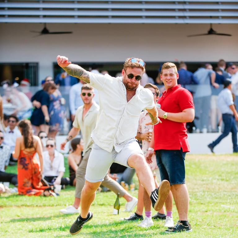 Jack Maybank jumping for joy as punters enjoy the 2020 Great Northern Darwin Cup. Picture: GLENN CAMPBELL