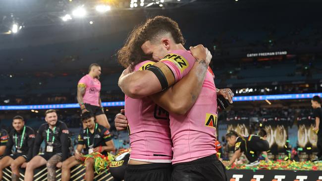 Jarome Luai and Nathan Cleary embrace after the siren. (Photo by Cameron Spencer/Getty Images)