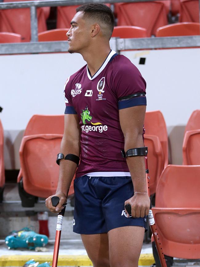 Jordan Petaia on crutches. Picture: Chris Cutler