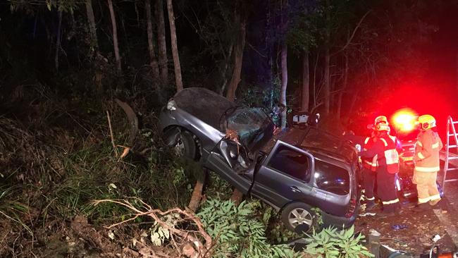 This car missed the pole but rolled into a tree nearby. The driver was lucky to survive. Residents have reported more than 30 crashes on the same stretch of Fagans Rd, Lisarow, as where Archie King, 12, was tragically killed. Picture: supplied