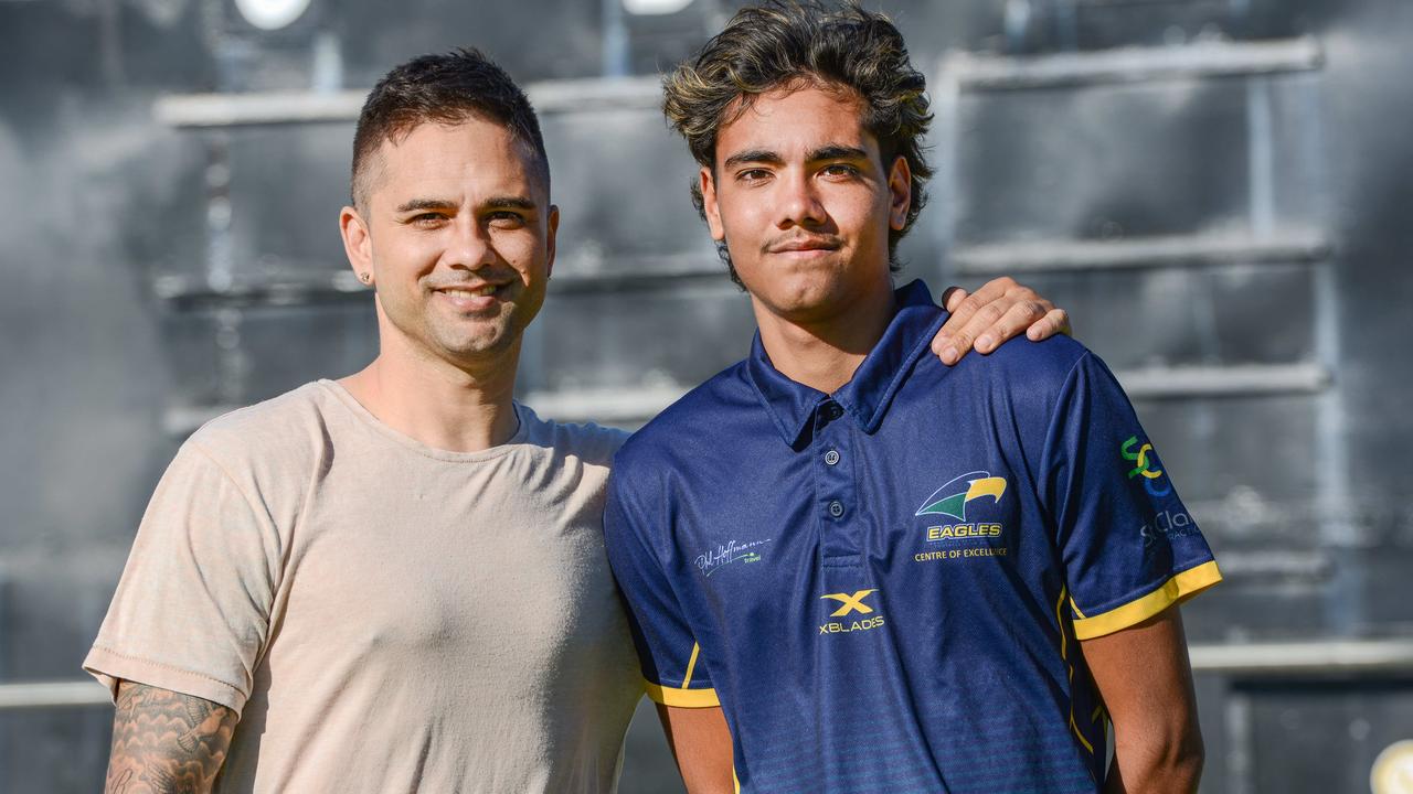 Port Adelaide great Peter Burgoyne and his son Jase. Picture: Brenton. Edwards