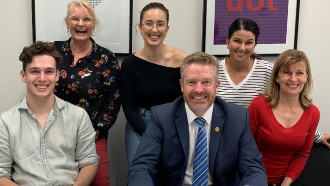 Team WOJ. Helensvale-based Councillor William Owen-Jones with family and key staffers. To his left, son, Liam, on the right PA Karen Oaten. Back row left to right, staffer Dani Watson, daughter Megan and wife Mandy.