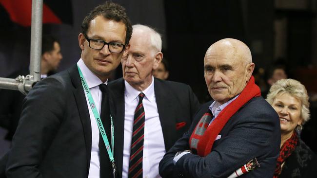 Former Essendon CEO Xavier Campbell and Chairman Paul Brasher pictured with another former chairman in Paul Little. Picture: Michael Klein