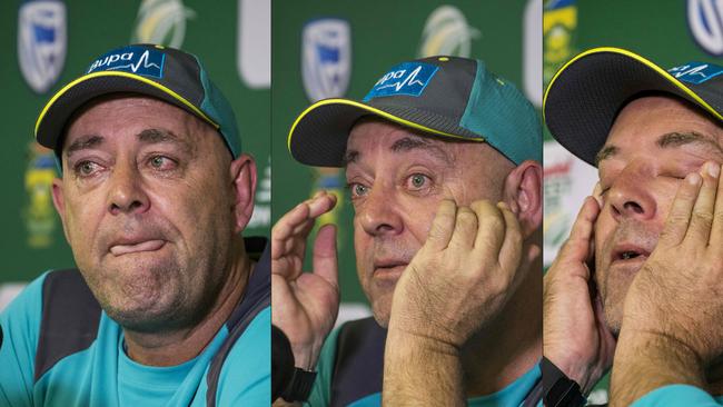 See no evil: Coach Darren Lehmann decides it’s time to move on after witnessing the suffering of Steve Smith. Picture: AFP