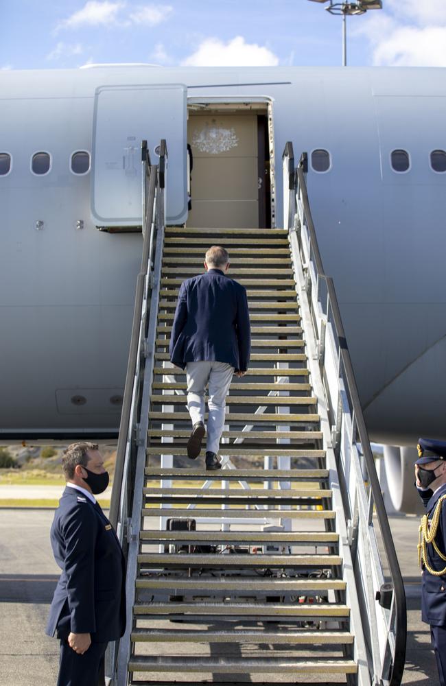 Prime Minister Anthony Albanese boarding his plane in Perth. Picture supplied by the Australian Government