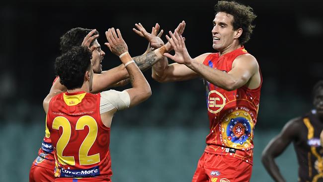 Ben King celebrates a goal with fellow young gun Izaak Rankine. Picture: AFL Photos/Getty Images