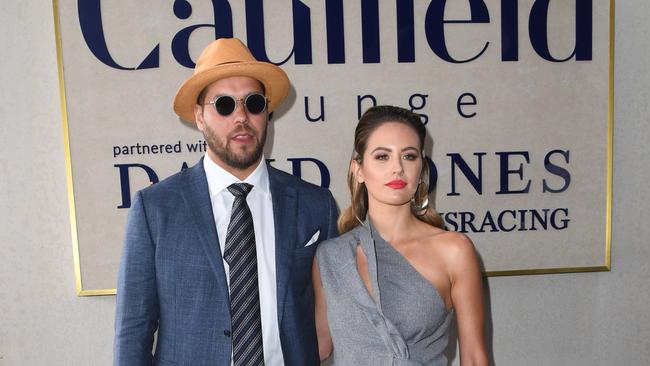 Lance Franklin and Jesinta Campbell in the David Jones marquee at the Caulfield Cup. Picture: AAP