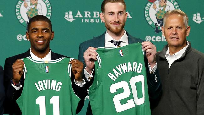 Boston Celtics' Kyrie Irving, Gordon Hayward and GM Danny Ainge.
