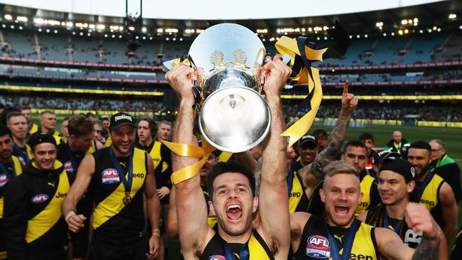 *APAC Sports Pictures of the Week - 2019, September 30* MELBOURNE, AUSTRALIA - SEPTEMBER 28: Captain Trent Cotchin of the Tigers celebrates victory with team mates after the 2019 AFL Grand Final match between the Richmond Tigers and the Greater Western Sydney Giants at Melbourne Cricket Ground on September 28, 2019 in Melbourne, Australia. (Photo by Matt King/AFL Photos/via Getty Images )