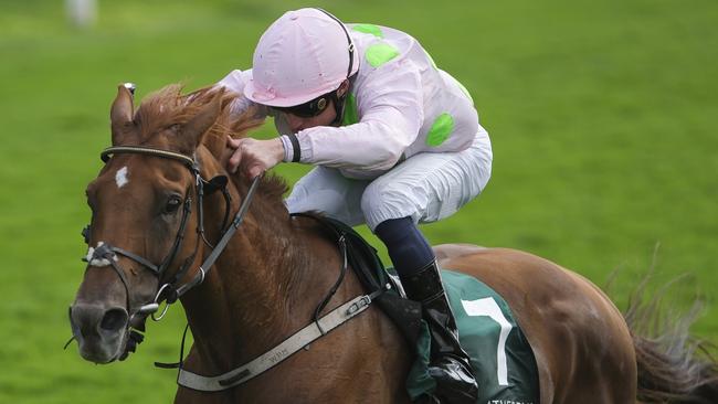 YORK, ENGLAND - AUGUST 23: William Buick riding Vauban (pink/green spots) win The Weatherbys Hamilton Lonsdale Cup Stakes at York Racecourse on August 23, 2024 in York, England. (Photo by Alan Crowhurst/Getty Images)