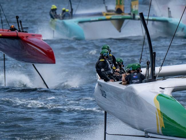 Australia SailGP Team helmed by Tom Slingsby leads Spain SailGP Team, Mubadala Brazil SailGP Team and New Zealand SailGP Team on Race Day 1 of the KPMG Australia Sail Grand Prix in Sydney, Australia. Saturday 8 February 2025. Rolex SailGP Championship Event 3 Season 2025. Photo: Jon Buckle for SailGP. Handout image supplied by SailGP