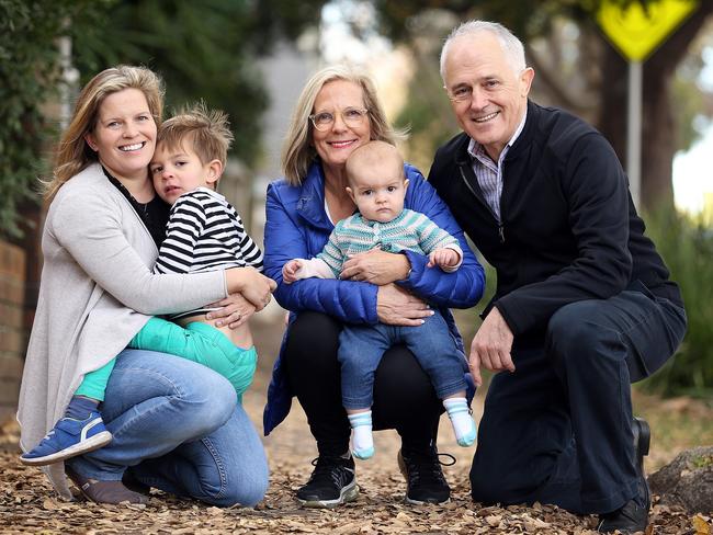 PM Malcolm Turnbull and wife Lucy, with their daughter Daisy (left) and grandchildren Jack and Alice. Picture: Sam Ruttyn