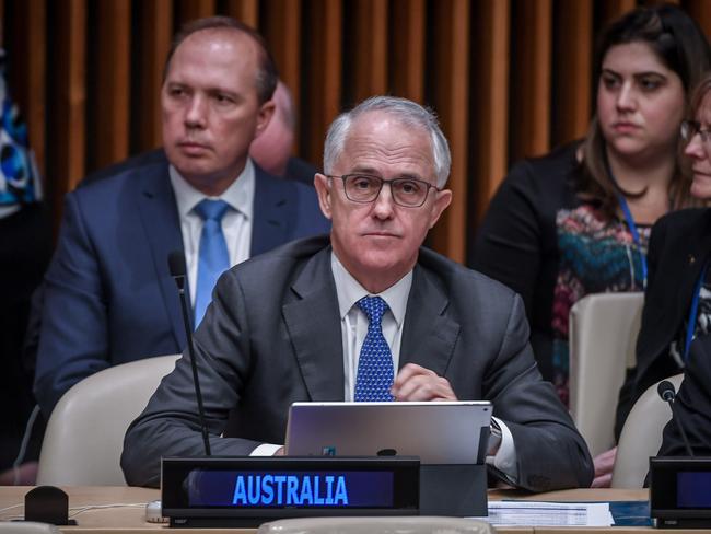 Prime Minister Malcolm Turnbull at the United Nations summit for Refugees and Migrants at the UN headquarters in NYC. Picture: Jake Nowakowski