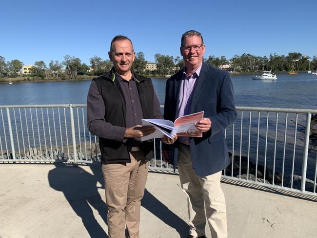 Rockhampton mayor Tony Williams and Rockhampton MP Barry O'Rourke discussing the new Rocky 2030 whitepaper, a list of potential longer-term projects to boost the city's prosperity. PHOTO: Lachlan Berlin