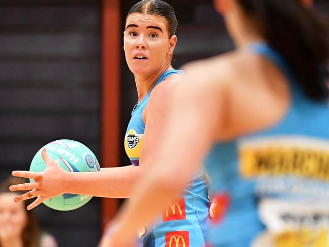 Brisbane North Cougars (red) vs Gold Coast Titans, Netball Sapphire Series, Nissan Arena. Picture: Patrick Woods.