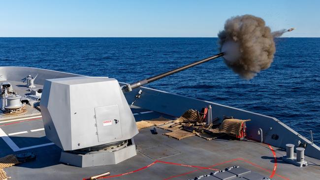 New air warfare destroyer HMAS Hobart conducts a live-fire exercise using the Mark-45 Mod-4 5-inch gun as a test of capability. Picture: ADF