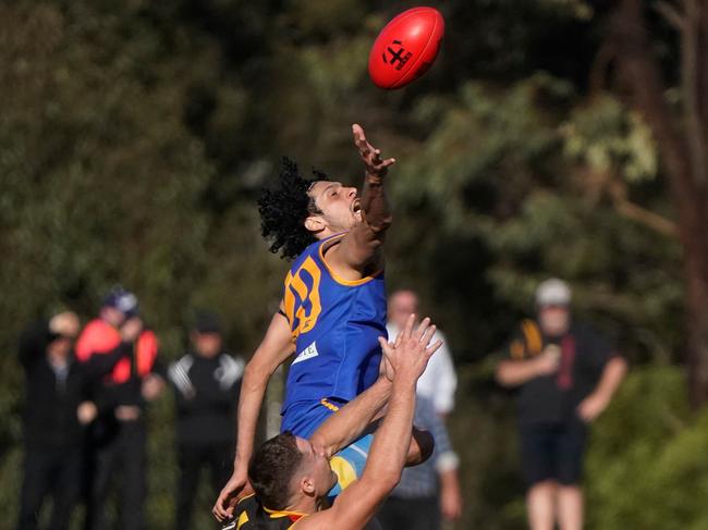 SFNL Division 1 grand final: Cranbourne v Cheltenham at RSEA Park. Cranbourne player Michael Boland and Cheltenham player Daniel Rendell . Picture: Valeriu Campan