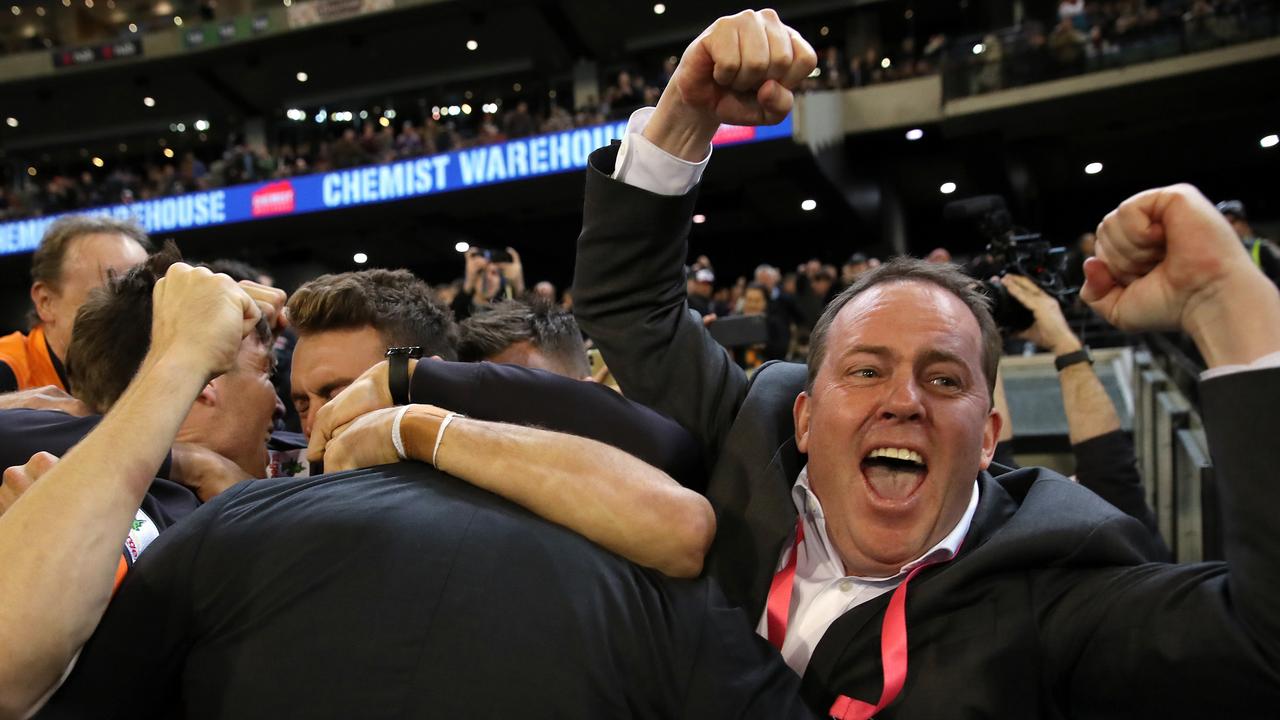 David Matthews on the finals siren after the GWS Giants defeated Collingwood in the Preliminary Final at the MCG, earning a spot in the 2019 Grand Final against Richmond. Picture. Phil Hillyard