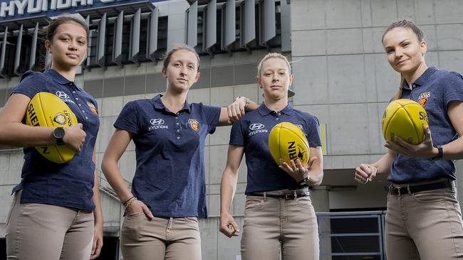 Brisbane Lions players (from left) Jade Ransfield, Kate Deegan, Kate McCarthy and Emily Bates. Pictures: Jack Tran