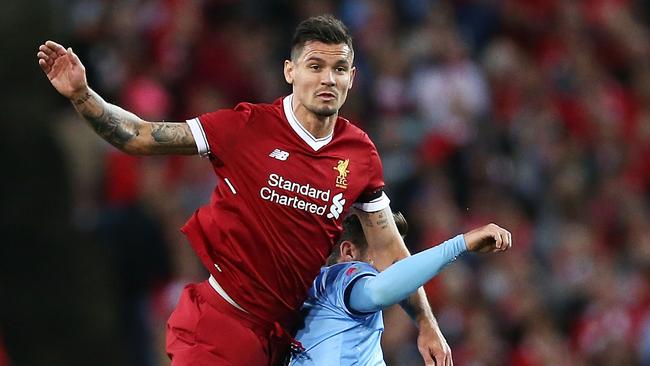 SYDNEY, AUSTRALIA - MAY 24:  Dejan Lovren of Liverpool wins a header during the International Friendly match between Sydney FC and Liverpool FC at ANZ Stadium on May 24, 2017 in Sydney, Australia.  (Photo by Mark Metcalfe/Getty Images)