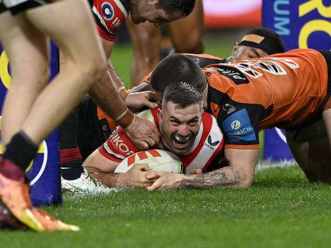 James Tedesco celebrates a try against the Tigers. Picture: NRL Imagery