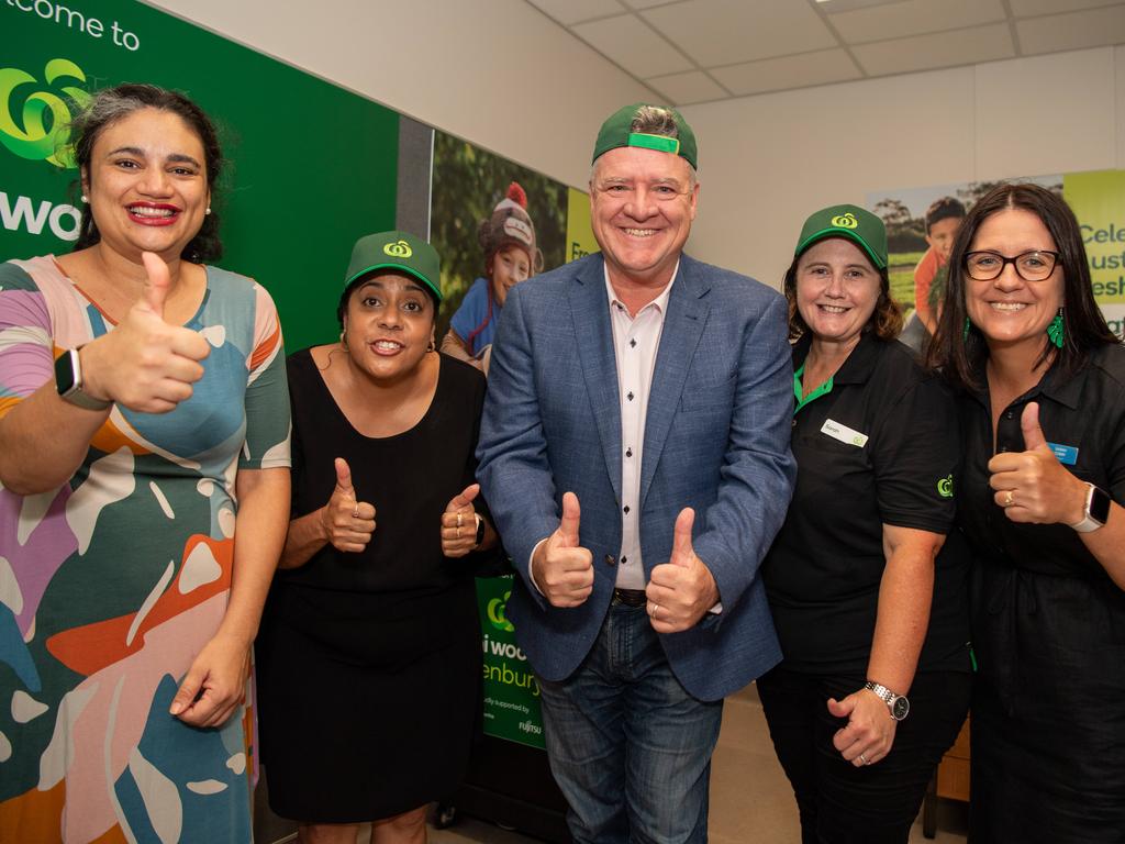 Casuarina MLA Lauren Moss, Disabilities Minister Ngaree Ah Kit, Education Minister Mark Monaghan, Mini Woolies Program general manager Sarah Corey and Henbury School Principal Sarah Corry. Picture: Pema Tamang Pakhrin