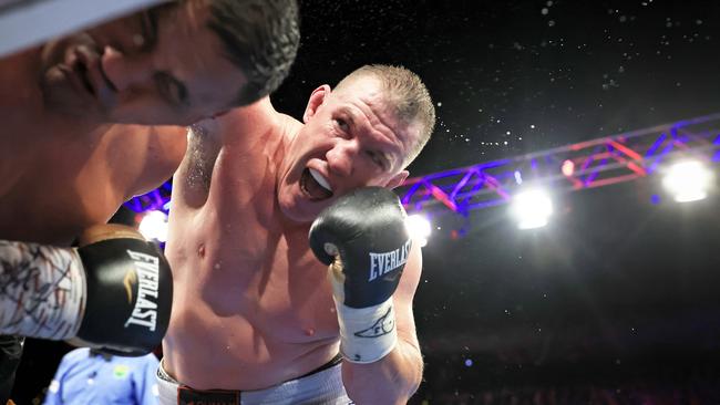 SYDNEY, AUSTRALIA - NOVEMBER 23: Paul Gallen throws a punch during the Paul Gallen and Justin Hodges fight at the Aware Super Theatre on November 23, 2022 in Sydney, Australia. (Photo by Mark Evans/Getty Images)