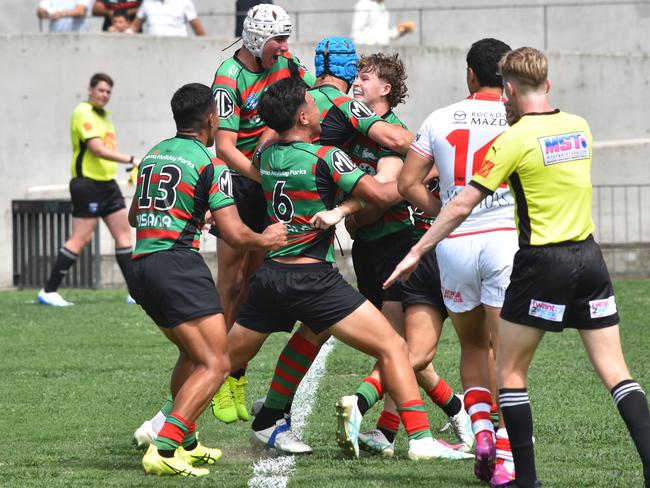 Souths celebrate a Darcy Feltham try. Picture: Sean Teuma