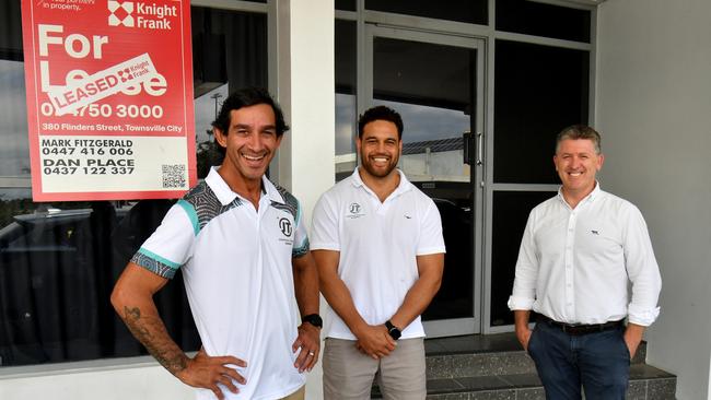 Johnathan Thurston Academy in its new premises in Flinders Street. Johnathan Thurston, Antonio Winterstein, Mark Fitzgerad from Knight Frank. Picture: Evan Morgan