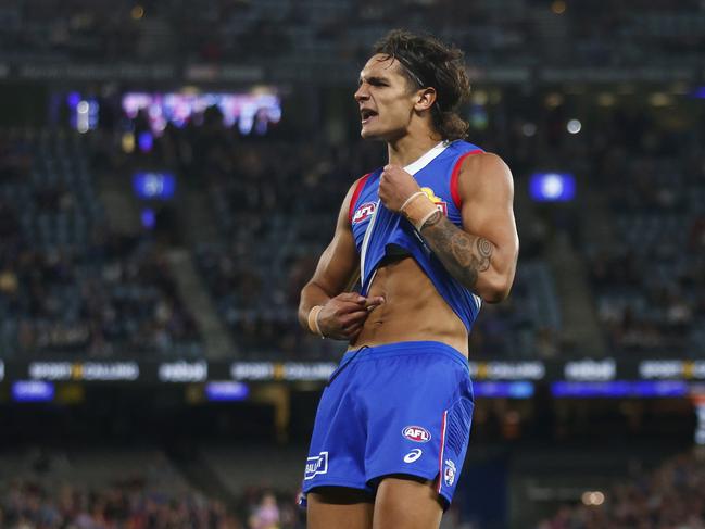 MELBOURNE, AUSTRALIA - MARCH 30: Jamarra Ugle-Hagan of the Bulldogs celebrates kicking a goal during the round three AFL match between Western Bulldogs and Brisbane Lions at Marvel Stadium, on March 30, 2023, in Melbourne, Australia. (Photo by Daniel Pockett/Getty Images)