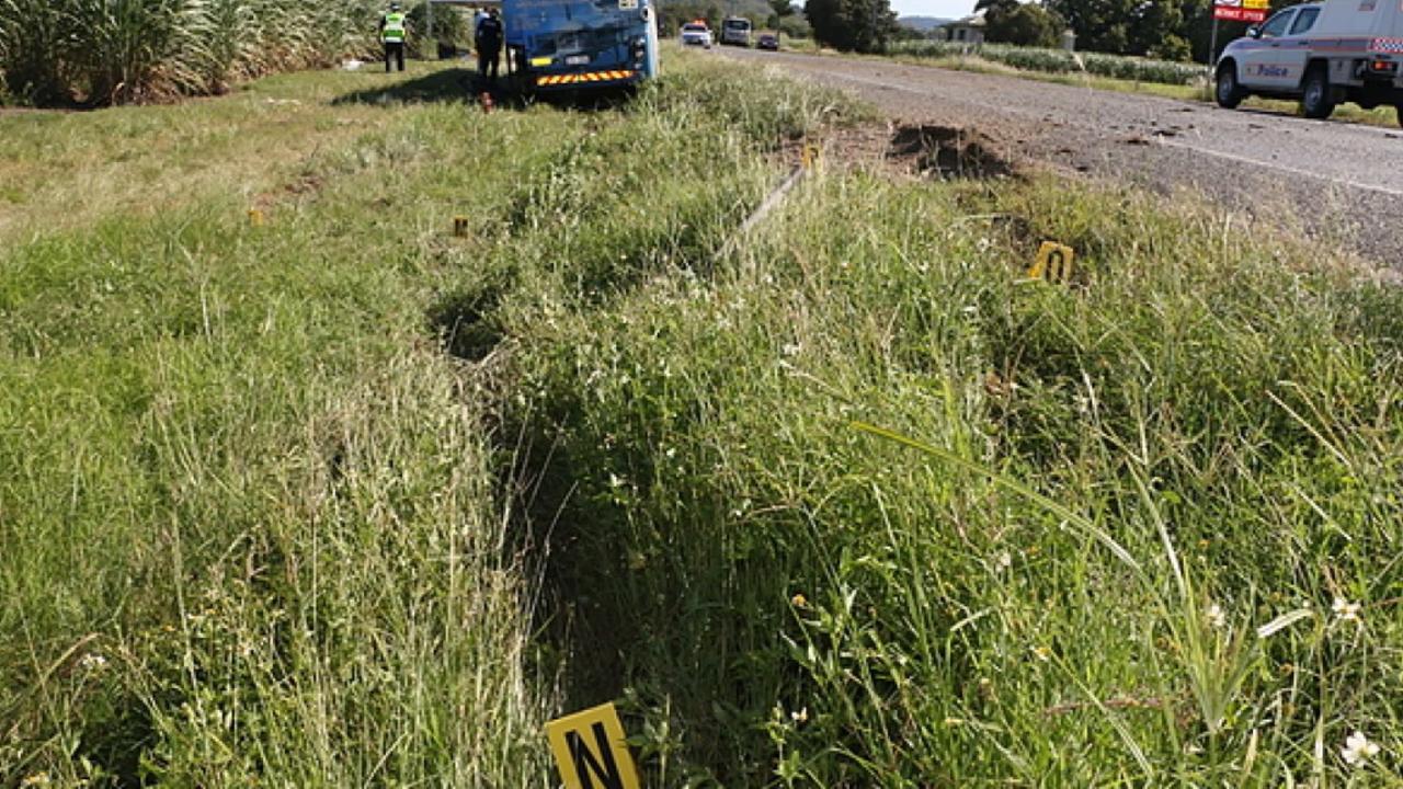 More tyre marks after the bus landed on an angle in the gully on the other side of the driveway, damaging some of the sealed road shoulder.