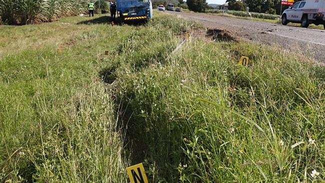 More tyre marks after the bus landed on an angle in the gully on the other side of the driveway, damaging some of the sealed road shoulder.