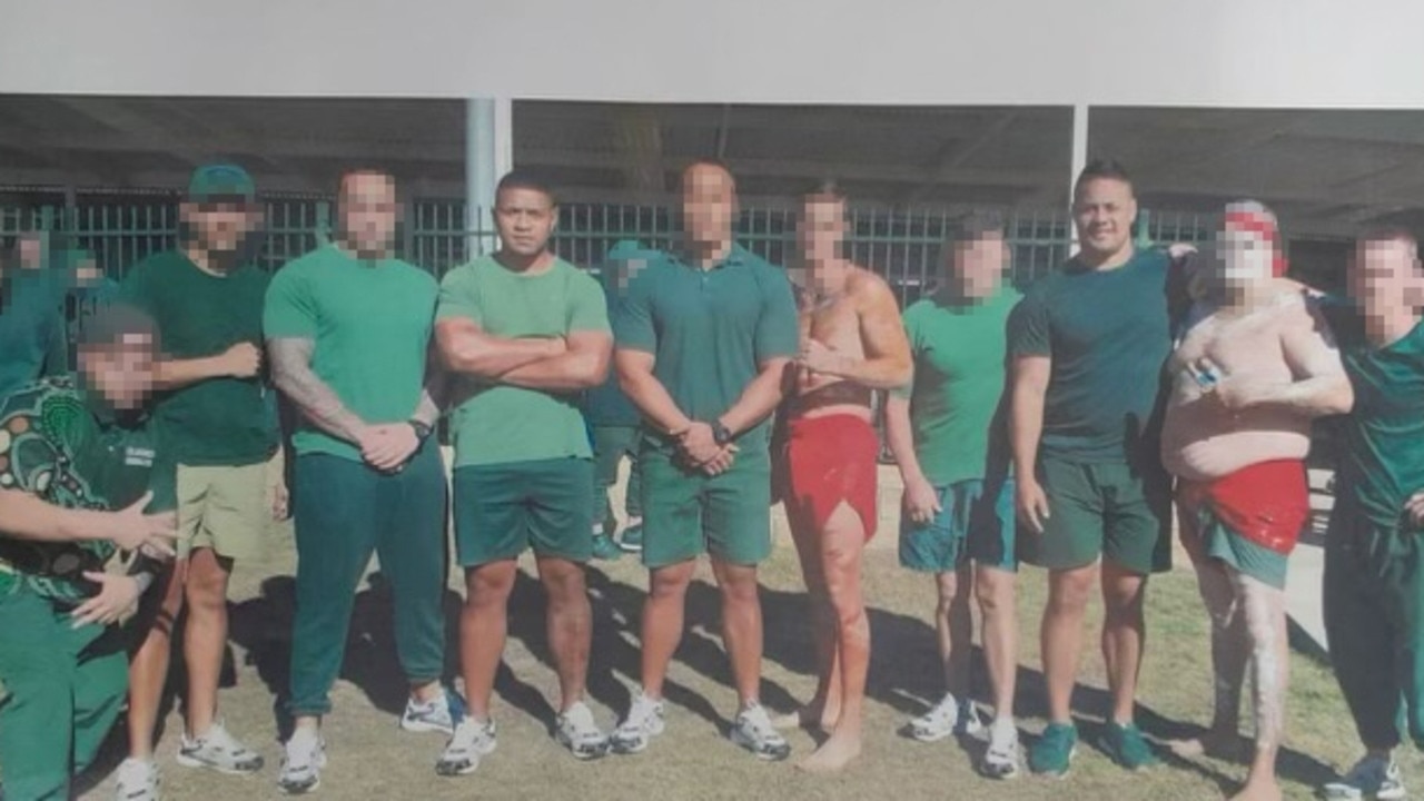 Jarryd Hayne (third from right) and Manase Fainu (fourth from left) in jail together. Picture: Supplied.