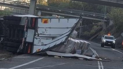 A truck driver was injured in a rollover that blocked the Bruce Hwy at the Alice St on-ramp in Maryborough on October 12. Picture: Contributed