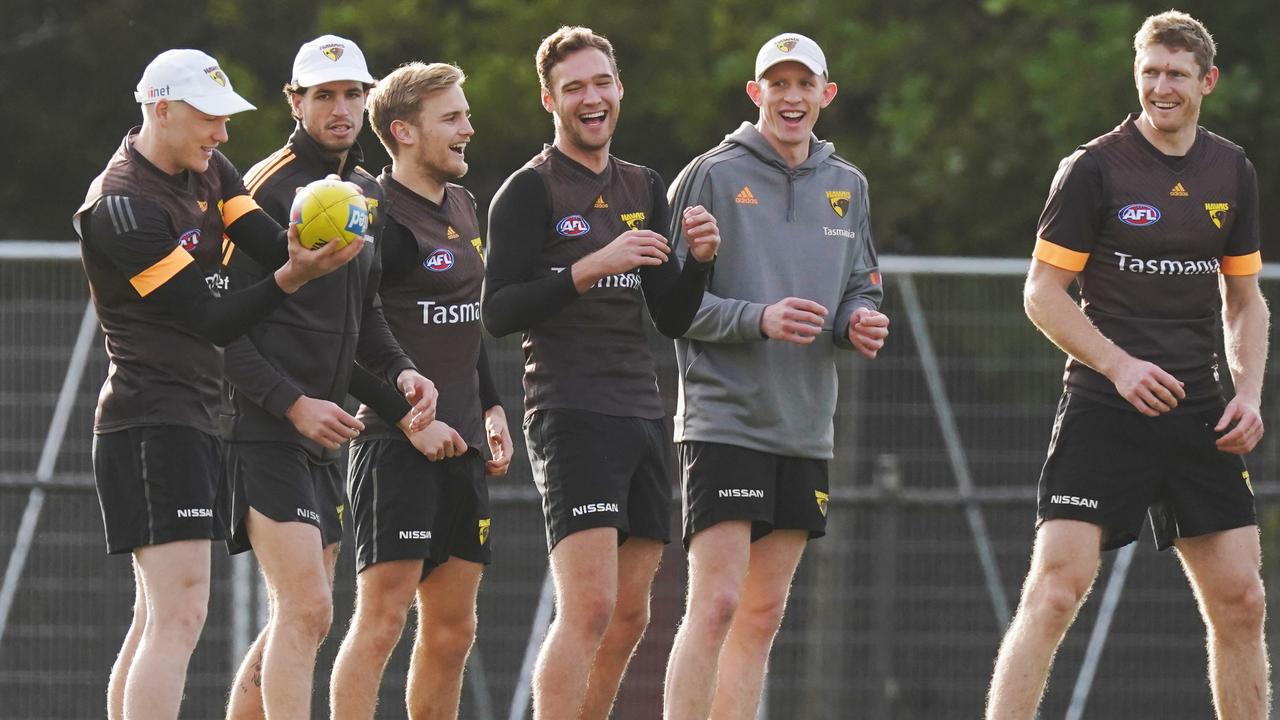 Jack Scrimshaw, middle, is a key man in the Hawks defence which is missing James Sicily. Picture: Michael Dodge/AAP