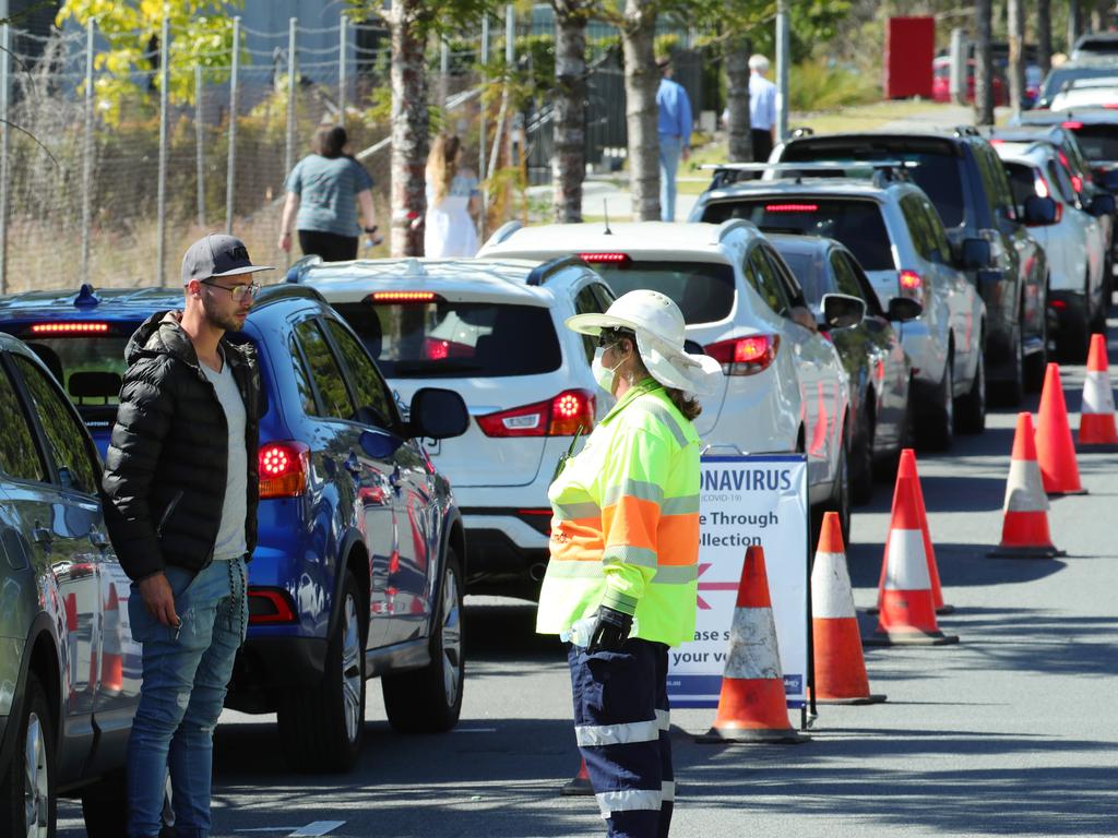 Cars line up at a drive-through COVID-19 testing centre at Murarrie on Brisbane’s bayside. Picture: Lachie Millard