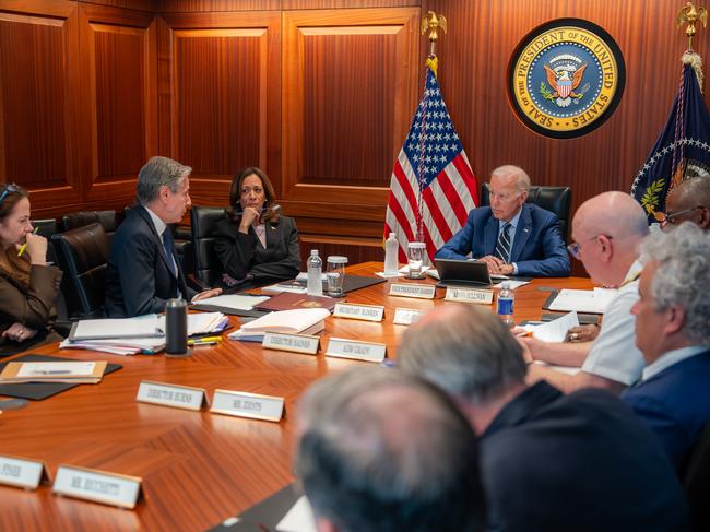 Monday, 5 August 2024: Joe Biden and Kamala Harris are briefed in the Situation Room on developments in the Middle East, receiving updates on threats posed by Iran and its proxies, diplomatic efforts to de-escalate regional tensions, and preparations to support Israel should it be attacked again. Picture: X / POTUS