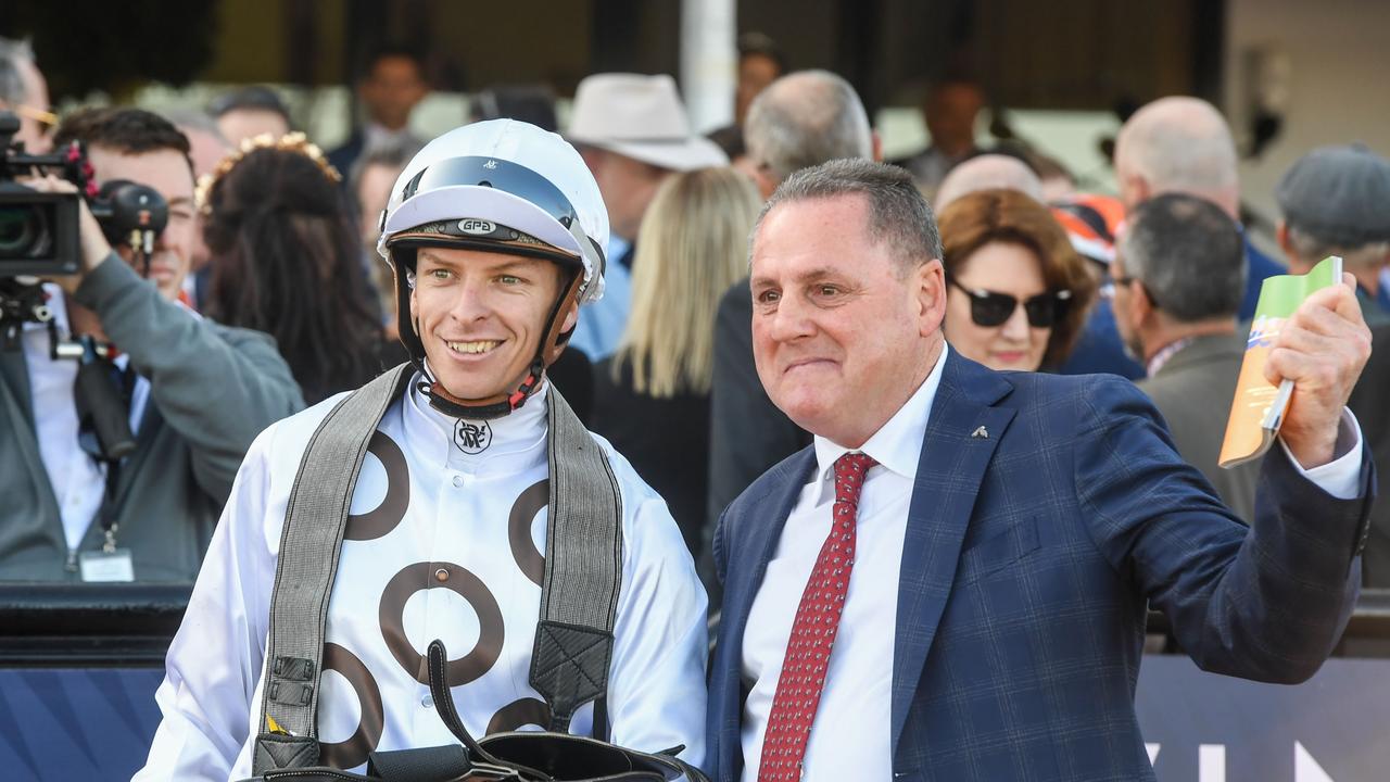 Michael Dee with trainer Grahame Begg after Lunar Flare won The Bart Cummings. Picture: Brett Holburt-Racing Photos via Getty Images