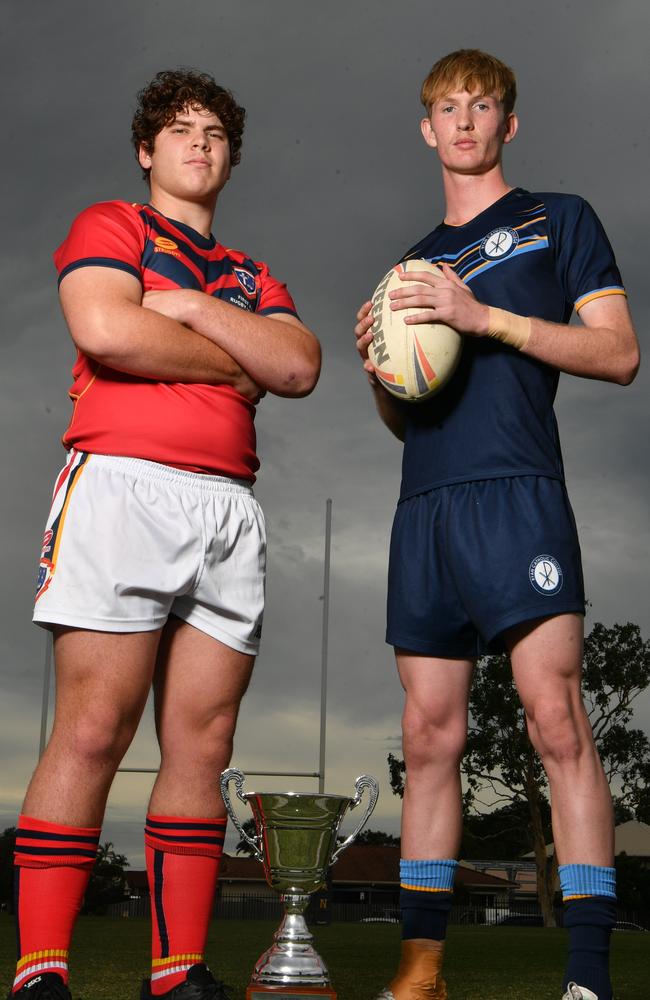 Blackhawks Trophy Schoolboys Football game between Ryan Catholic College and Columba Catholic College at at Ryan Catholic College. Captains Max Campbell and Riley McIntyre. Picture: Evan Morgan