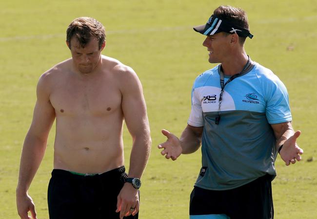 Coach John Morris (R) chats with recruit Josh Morris. Picture: Toby Zerna