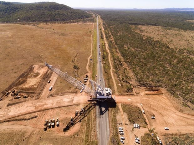 The Marion 8050 dragline is moving across the Peak Downs Hwy on Thursday. Photo BHP Billiton