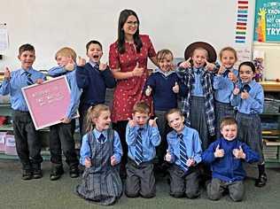 Kimberley Collett and her year 2 class at Mater Dei Primary School in Toowoomba. Picture: Contributed