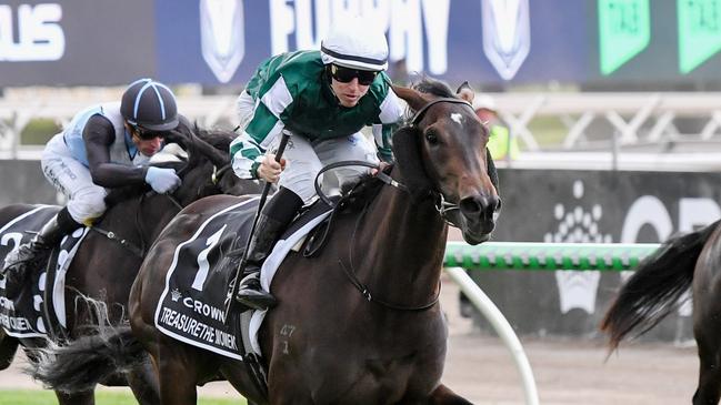 Treasurethe Moment ridden by Damian Lane wins the Crown Oaks at Flemington Racecourse on November 07, 2024 in Flemington, Australia. (Photo by Pat Scala/Racing Photos via Getty Images)