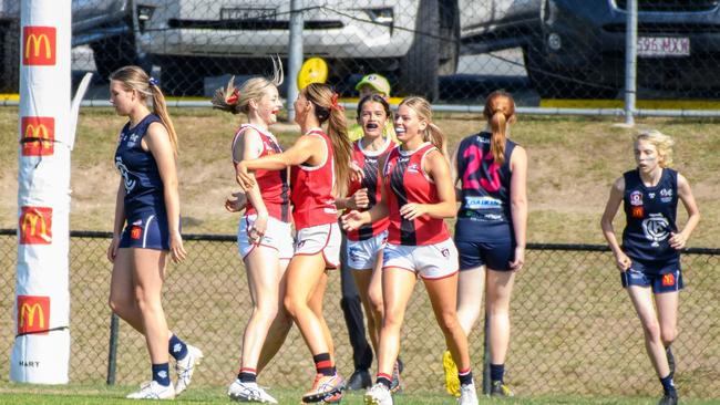 Celebrating a goal – The Victoria Point under 17s had a win over Tweed Coolangatta.