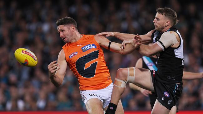 Trent McKenzie (right) struggled on Saturday night. Picture: James Elsby/AFL Photos via Getty Images