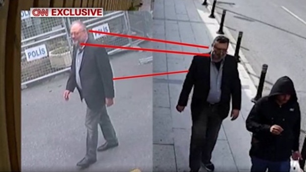 Jamal Khashoggi enters the consulate, left, and a man wearing his clothes leaves from the rear of the building. PictureL CNN