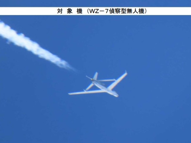 A Chinese “Soaring Dragon” surveillance drone pictured after being intercepted by Japanese F-15 fighters earlier this week. Picture: Japanese Ministry of Defence